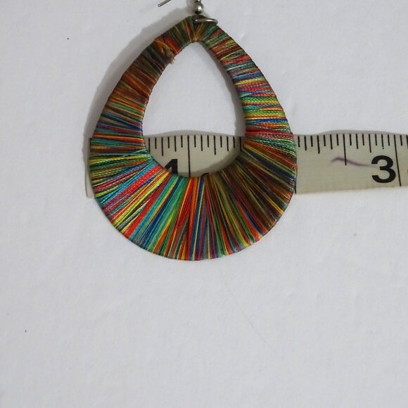 Multicolor Thread Wrapped Teardrop Earrings With Silver Hooks 2.5" x 2" - Picture 4 of 6
